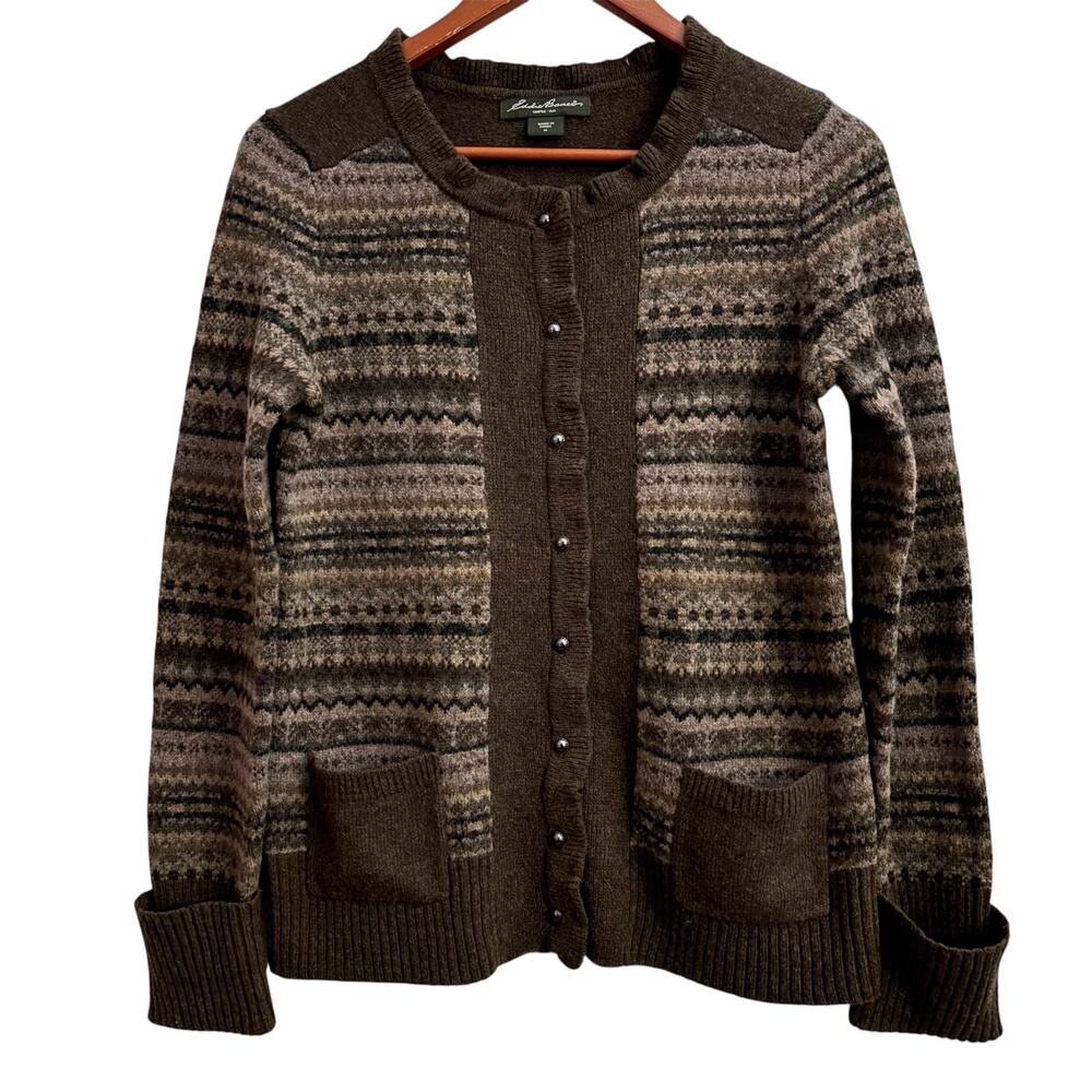 Eddie Bauer Lambswool Fair Isle Cardigan Brown Nordic Cozy Button Front Size M